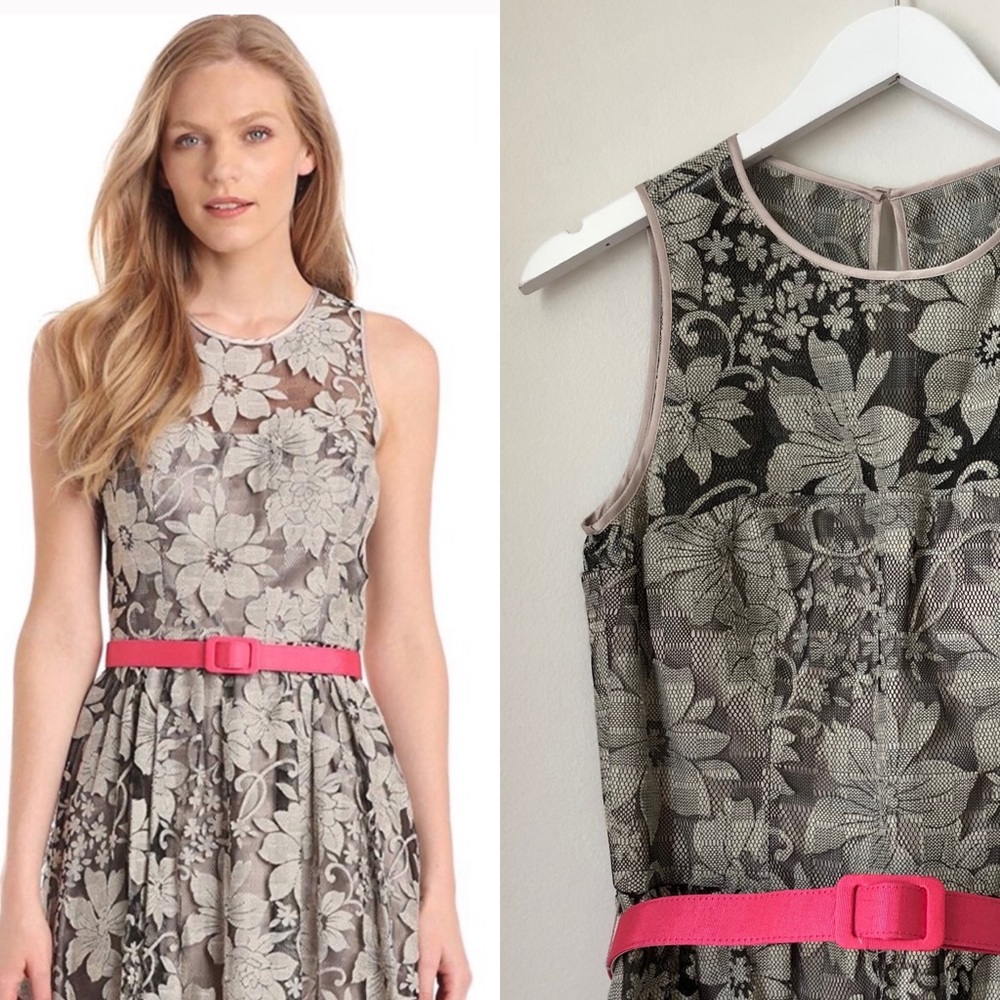 Eliza J Grey and Pink Belted Lace Dress